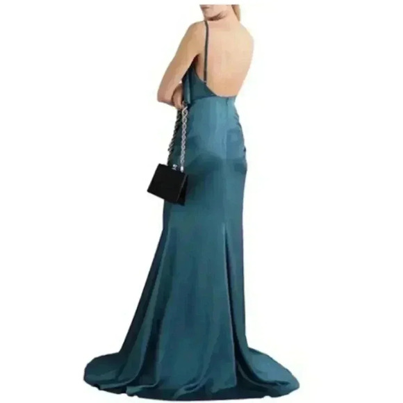 Solace London Deep Jade Ruffle Spaghetti Strap Satin Gown Size 6 NEW NWT! - Picture 3 of 8